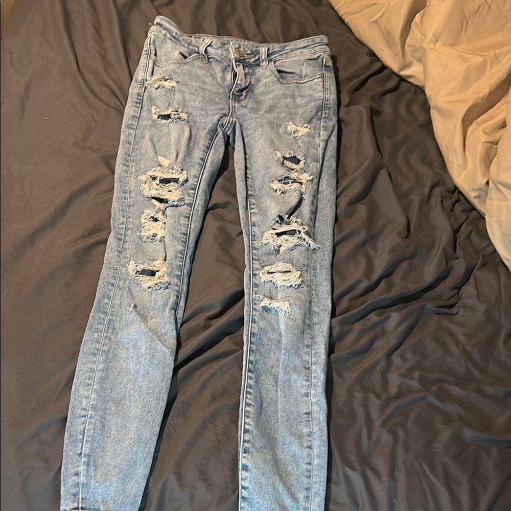 American Eagle Outfitters Blue Skinny Jeans with Distressed Details